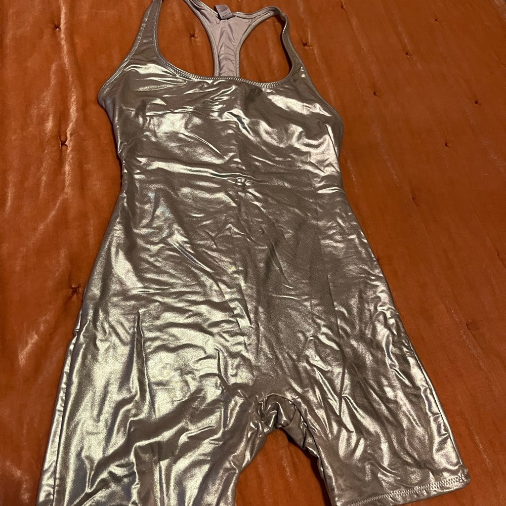 SKIMS metallic swim/cycle suit
